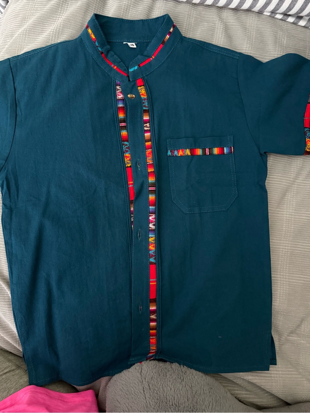 Kids Teal guayabera  with Colorful Trim